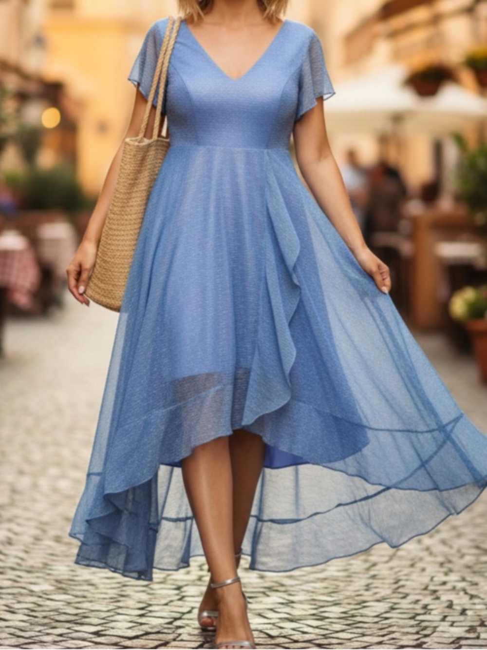NWT Beckyrebelly Plus Size High-Low Chiffon Cocktail Dress - Slate Blue XL (16)